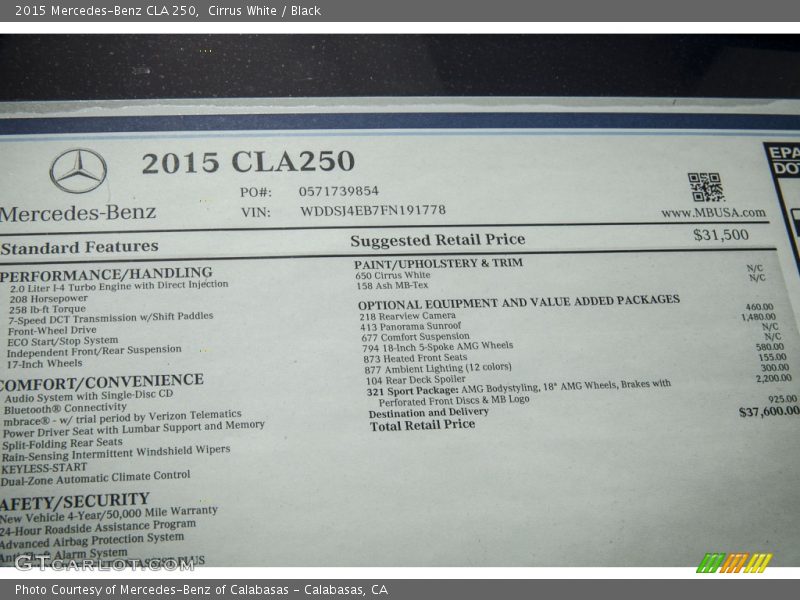 Cirrus White / Black 2015 Mercedes-Benz CLA 250