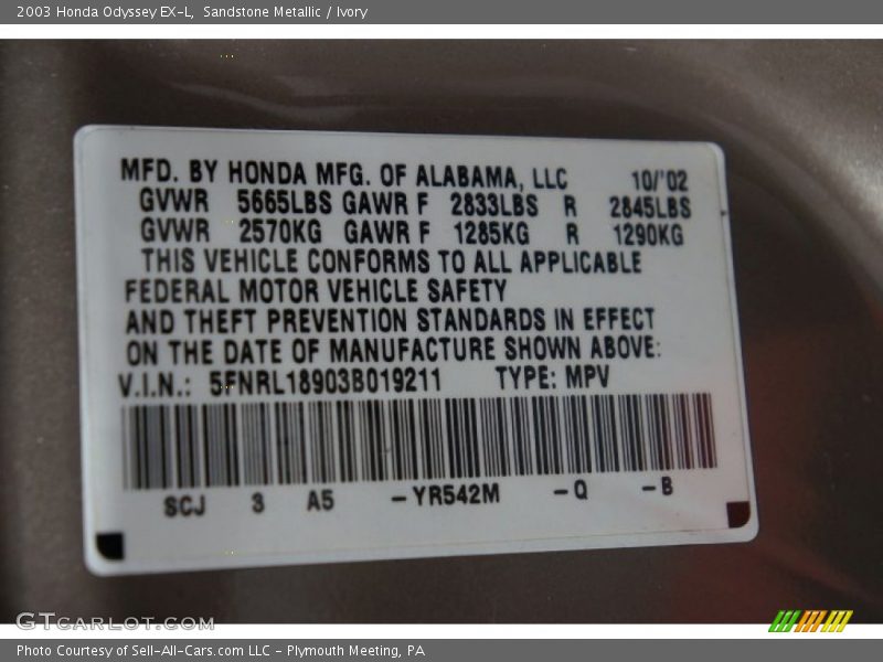 Sandstone Metallic / Ivory 2003 Honda Odyssey EX-L