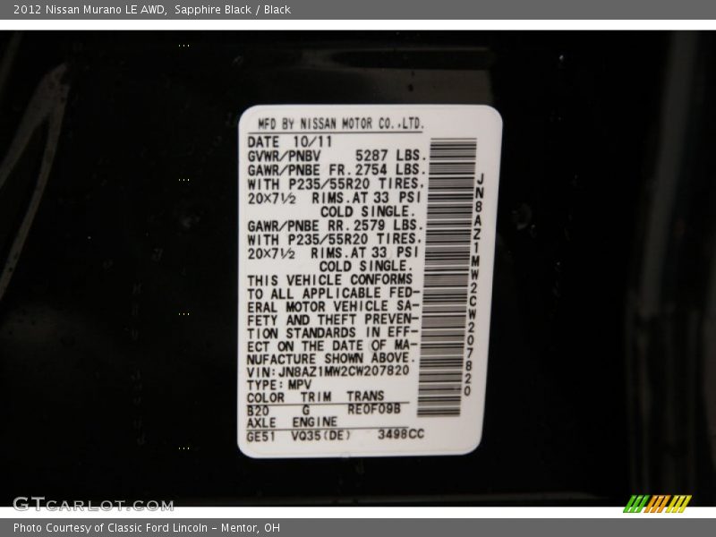 Sapphire Black / Black 2012 Nissan Murano LE AWD