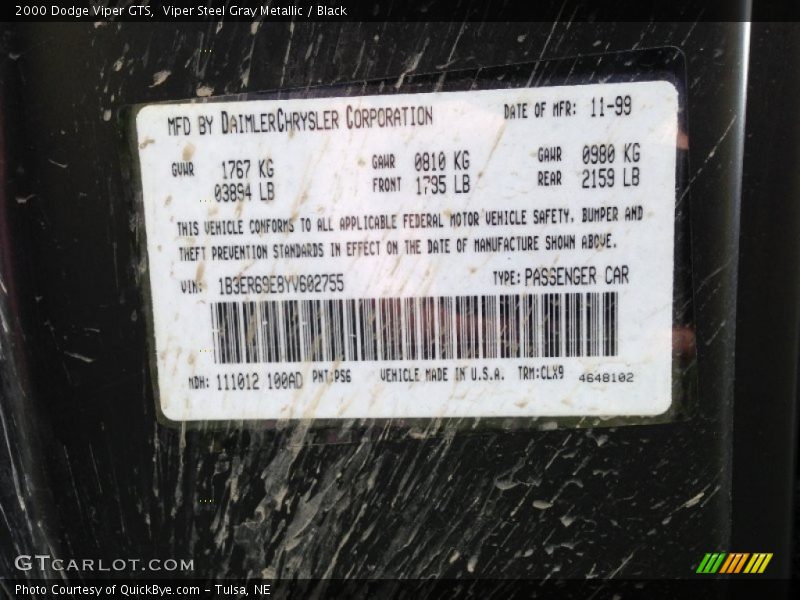 Viper Steel Gray Metallic / Black 2000 Dodge Viper GTS
