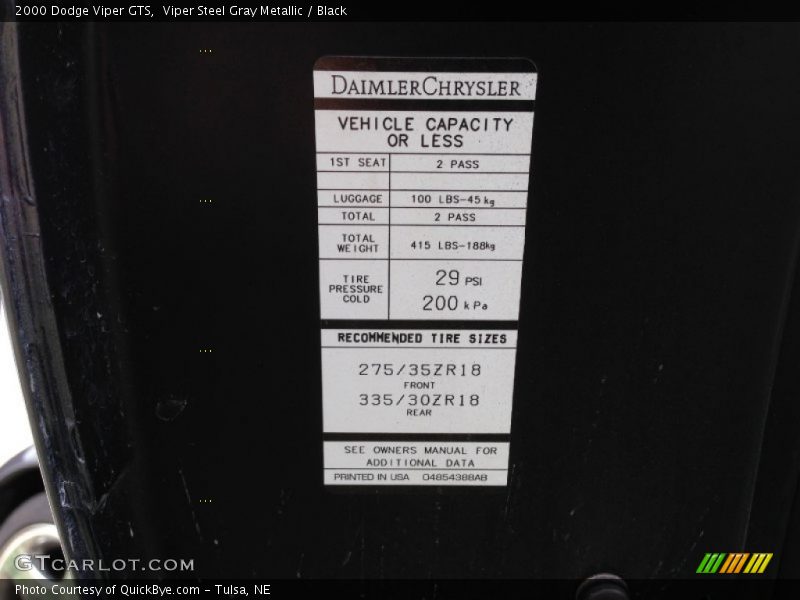 Viper Steel Gray Metallic / Black 2000 Dodge Viper GTS