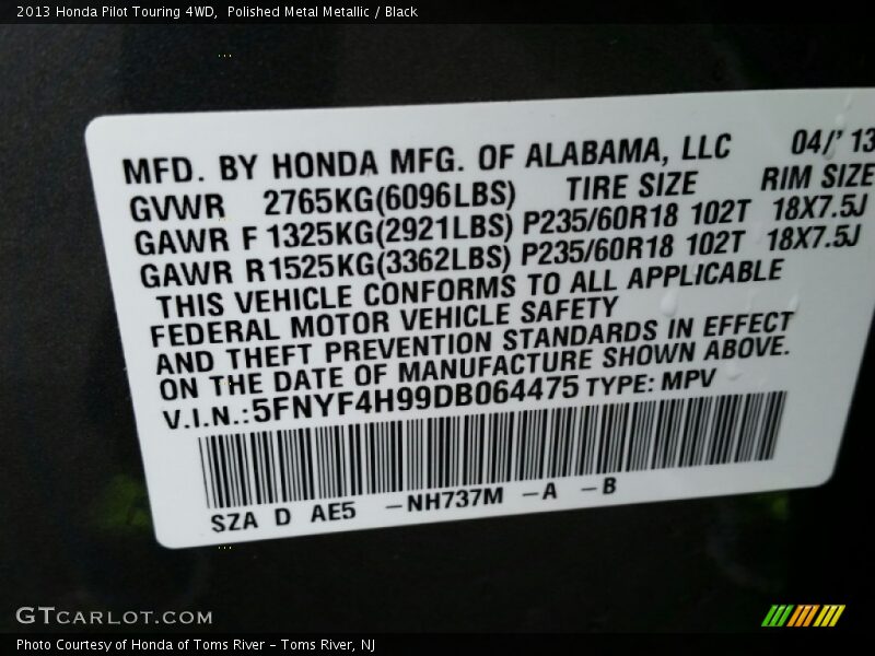 Polished Metal Metallic / Black 2013 Honda Pilot Touring 4WD