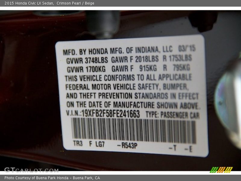 Crimson Pearl / Beige 2015 Honda Civic LX Sedan
