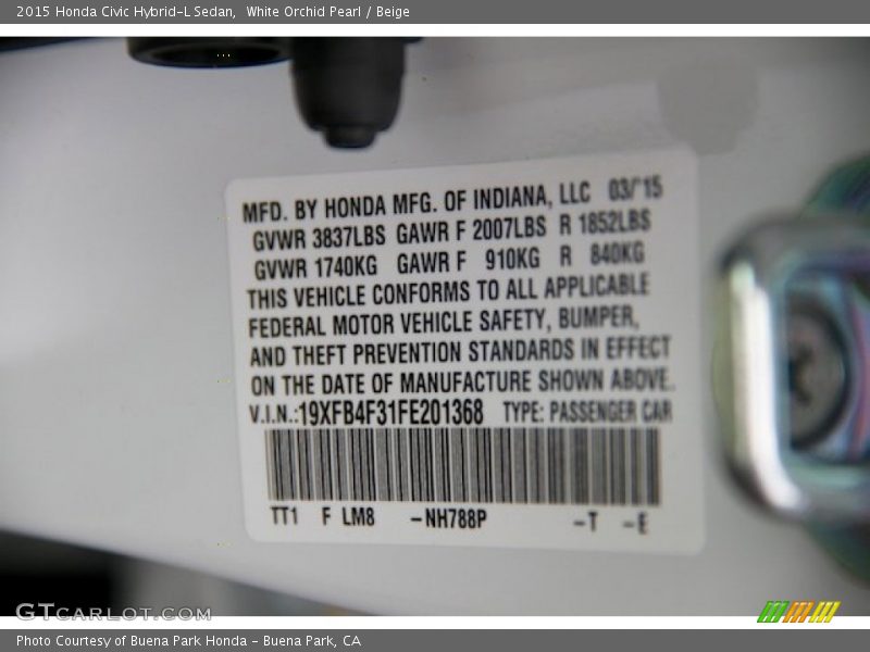2015 Civic Hybrid-L Sedan White Orchid Pearl Color Code NH788P
