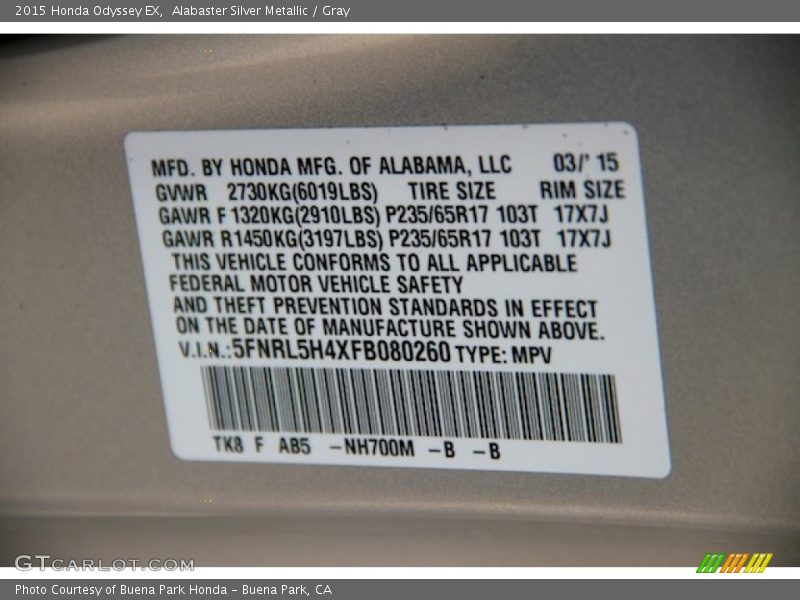 Alabaster Silver Metallic / Gray 2015 Honda Odyssey EX