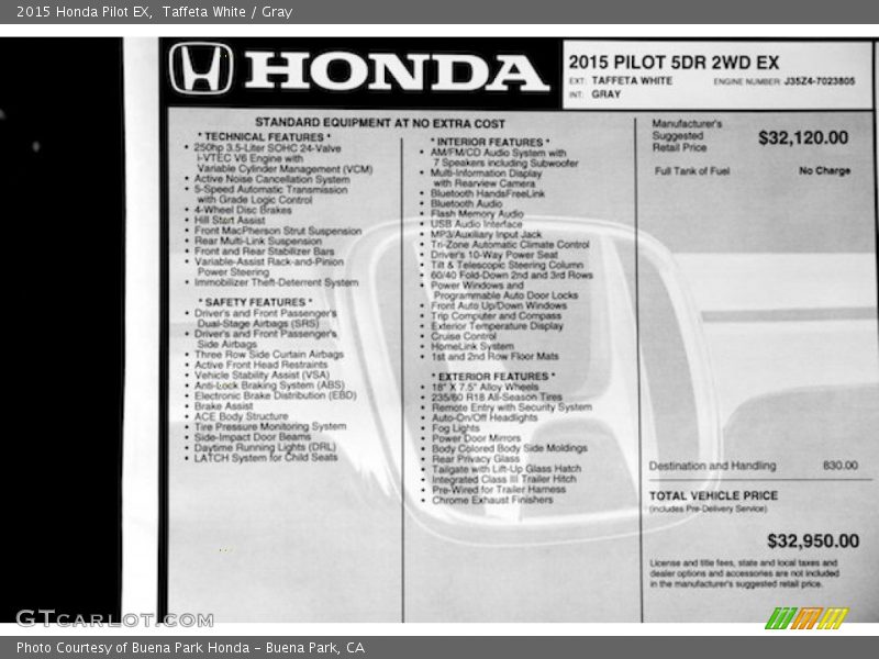 Taffeta White / Gray 2015 Honda Pilot EX