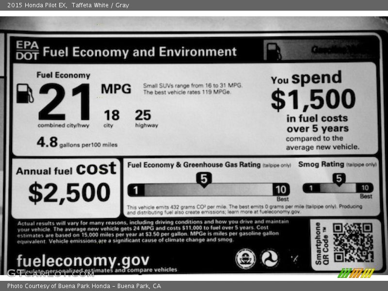 Taffeta White / Gray 2015 Honda Pilot EX
