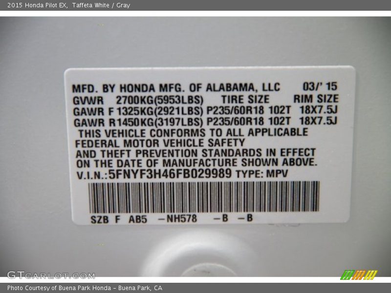 Taffeta White / Gray 2015 Honda Pilot EX