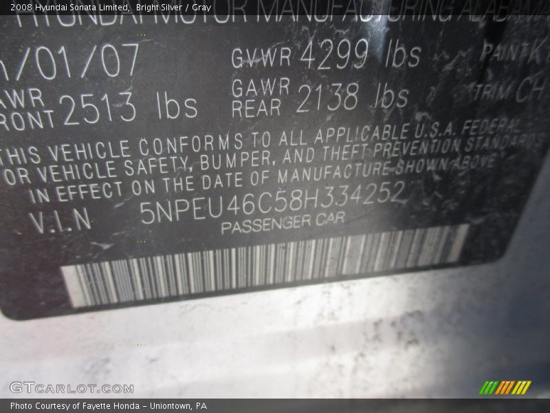 Bright Silver / Gray 2008 Hyundai Sonata Limited