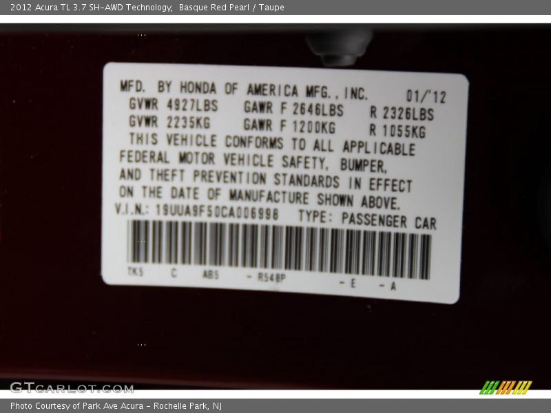 Basque Red Pearl / Taupe 2012 Acura TL 3.7 SH-AWD Technology