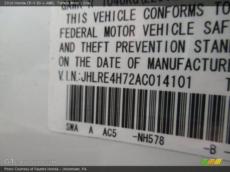 Taffeta White / Gray 2010 Honda CR-V EX-L AWD