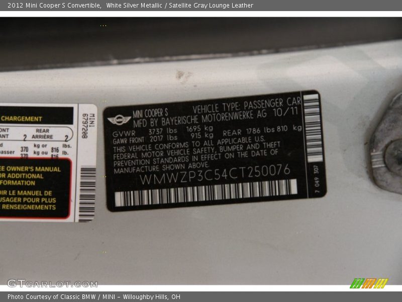White Silver Metallic / Satellite Gray Lounge Leather 2012 Mini Cooper S Convertible