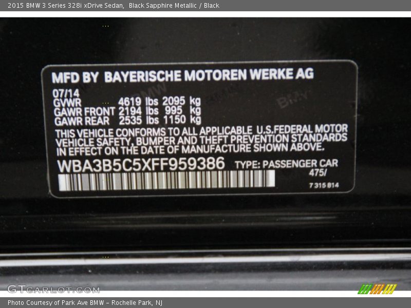 2015 3 Series 328i xDrive Sedan Black Sapphire Metallic Color Code 475