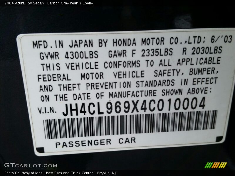 Carbon Gray Pearl / Ebony 2004 Acura TSX Sedan