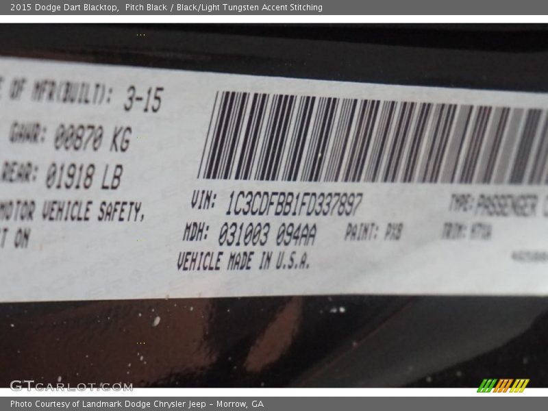 Pitch Black / Black/Light Tungsten Accent Stitching 2015 Dodge Dart Blacktop