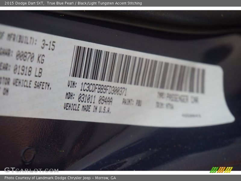 True Blue Pearl / Black/Light Tungsten Accent Stitching 2015 Dodge Dart SXT