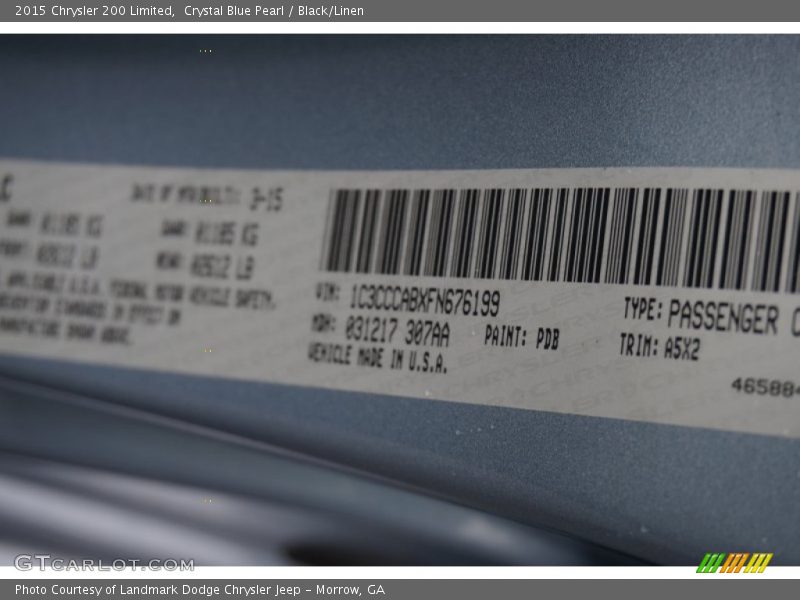 Crystal Blue Pearl / Black/Linen 2015 Chrysler 200 Limited
