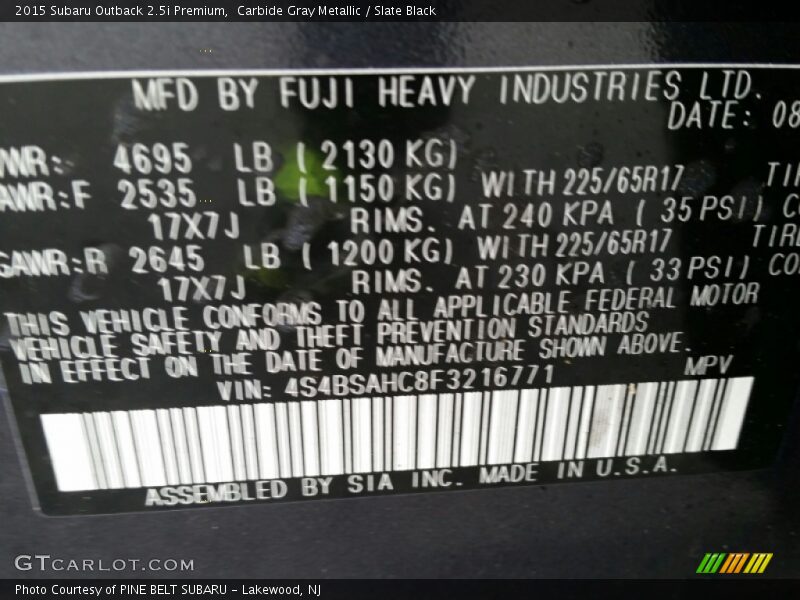 Info Tag of 2015 Outback 2.5i Premium