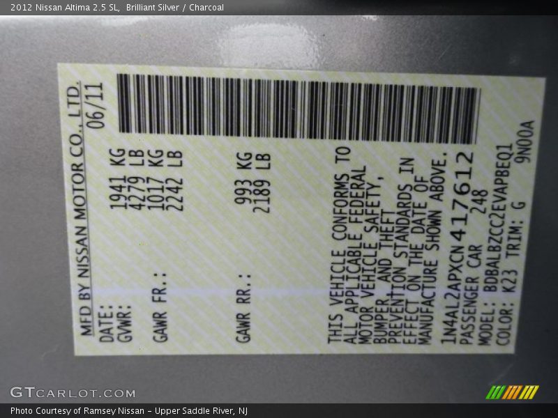 Brilliant Silver / Charcoal 2012 Nissan Altima 2.5 SL