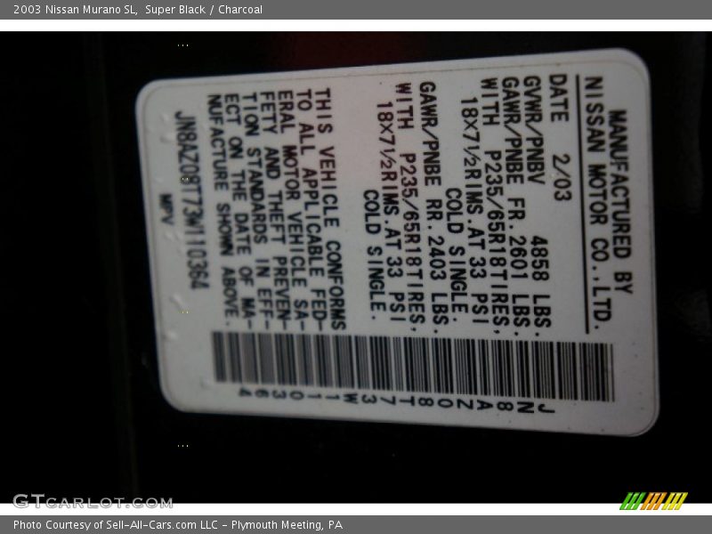 Super Black / Charcoal 2003 Nissan Murano SL