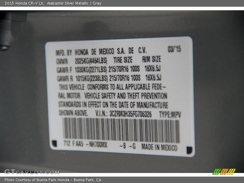 Alabaster Silver Metallic / Gray 2015 Honda CR-V LX