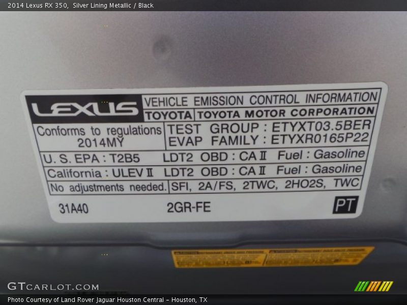 Info Tag of 2014 RX 350