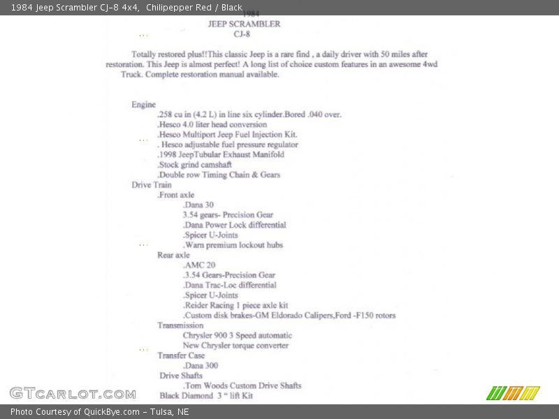 Info Tag of 1984 Scrambler CJ-8 4x4