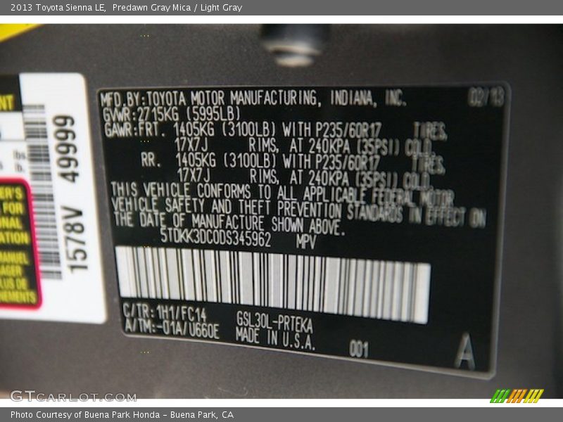 Predawn Gray Mica / Light Gray 2013 Toyota Sienna LE