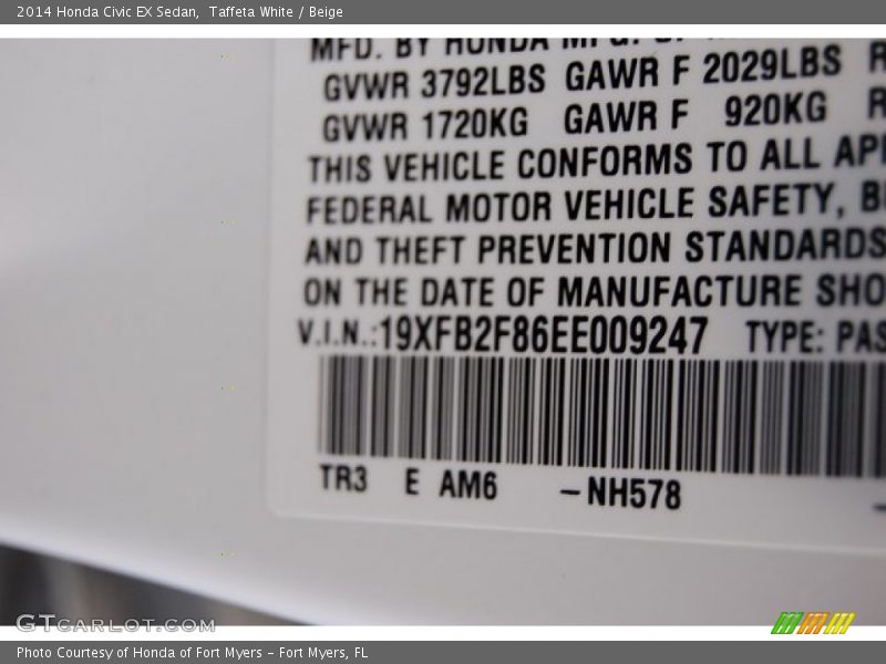 Taffeta White / Beige 2014 Honda Civic EX Sedan