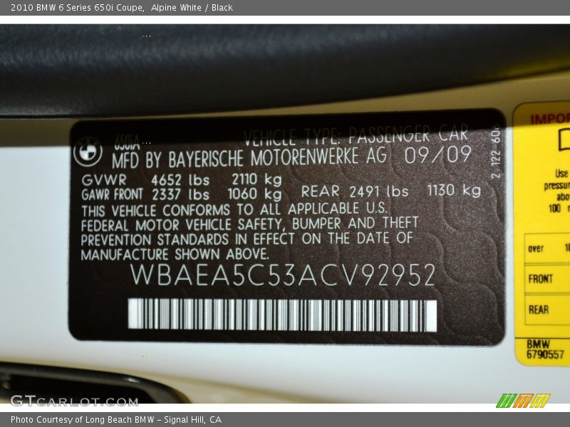 Alpine White / Black 2010 BMW 6 Series 650i Coupe