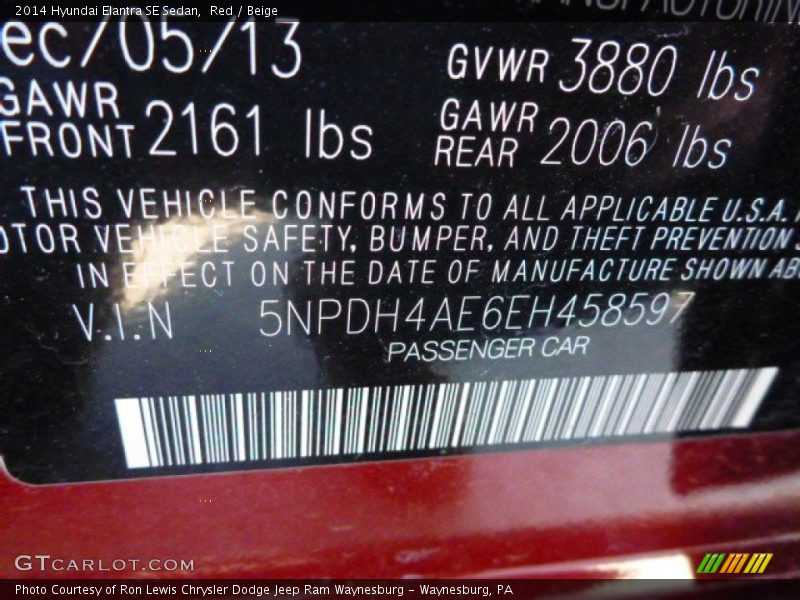 Red / Beige 2014 Hyundai Elantra SE Sedan