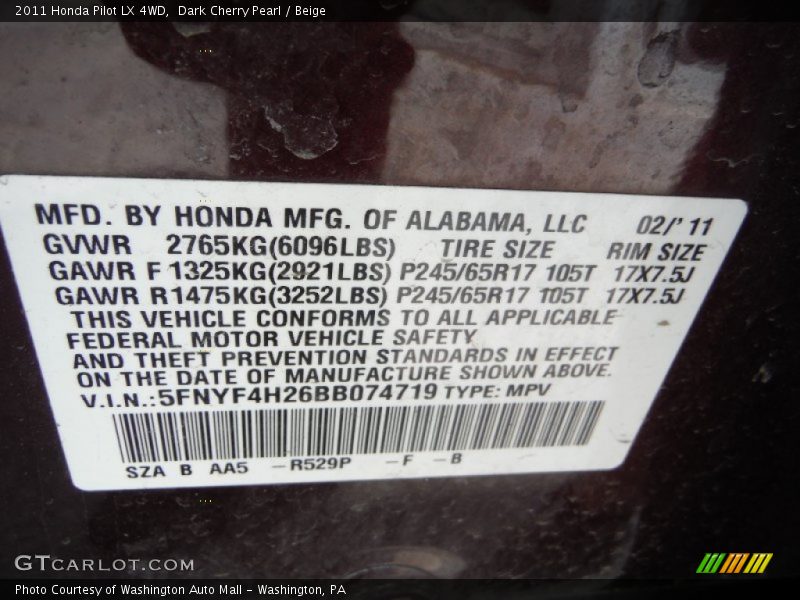 Dark Cherry Pearl / Beige 2011 Honda Pilot LX 4WD