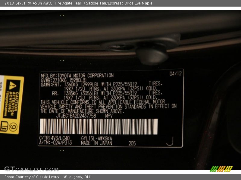 2013 RX 450h AWD Fire Agate Pearl Color Code 4V3