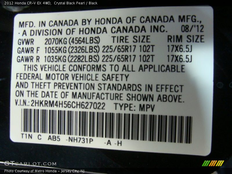 Crystal Black Pearl / Black 2012 Honda CR-V EX 4WD