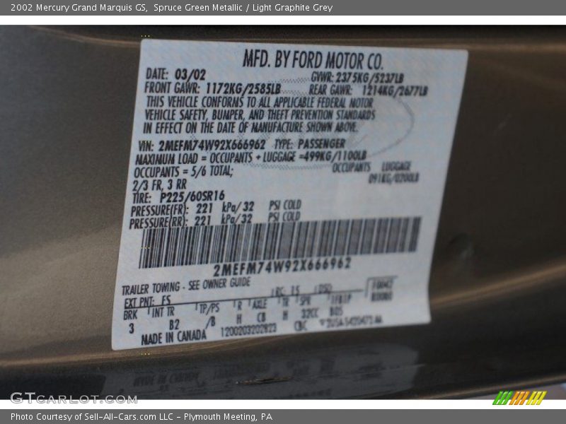 Spruce Green Metallic / Light Graphite Grey 2002 Mercury Grand Marquis GS