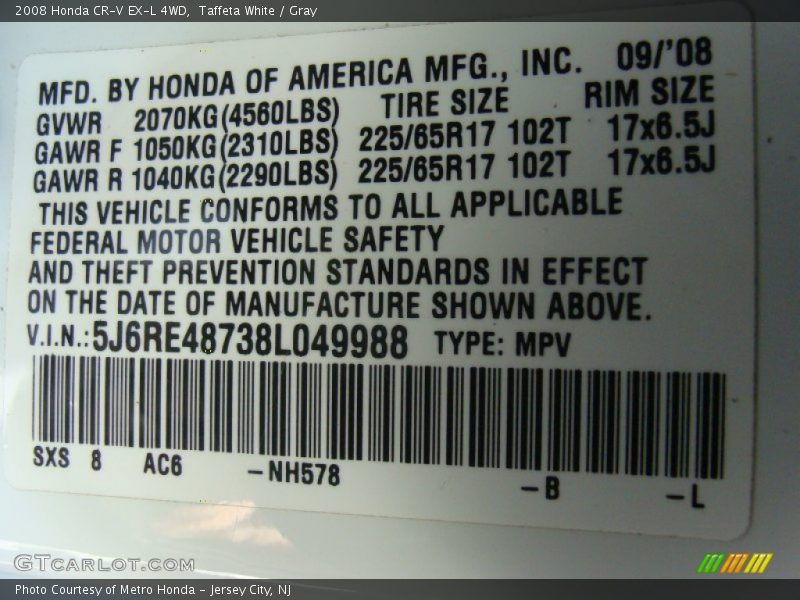 Taffeta White / Gray 2008 Honda CR-V EX-L 4WD