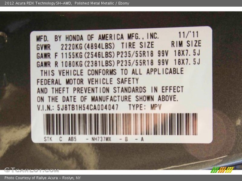 Polished Metal Metallic / Ebony 2012 Acura RDX Technology SH-AWD