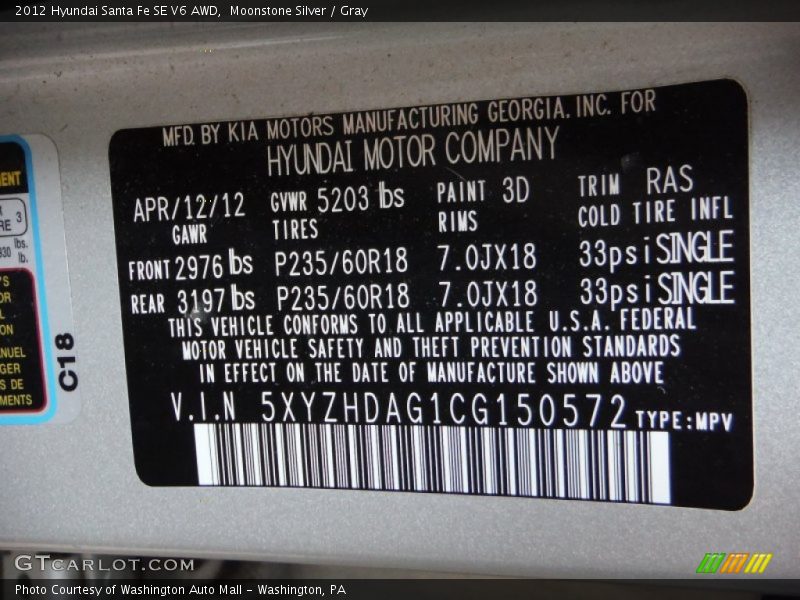 Moonstone Silver / Gray 2012 Hyundai Santa Fe SE V6 AWD