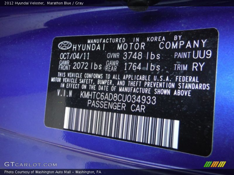 Marathon Blue / Gray 2012 Hyundai Veloster