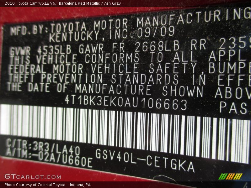 Barcelona Red Metallic / Ash Gray 2010 Toyota Camry XLE V6