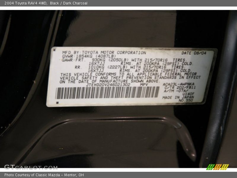 Black / Dark Charcoal 2004 Toyota RAV4 4WD