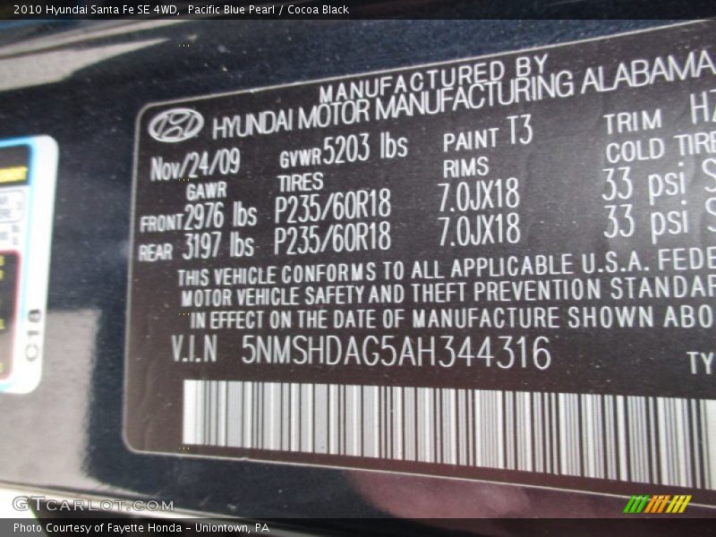 Pacific Blue Pearl / Cocoa Black 2010 Hyundai Santa Fe SE 4WD