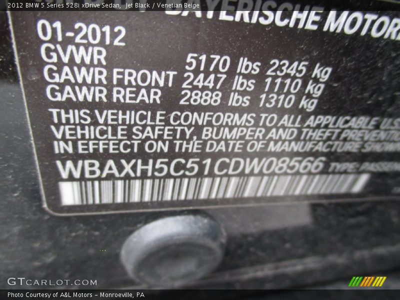 Jet Black / Venetian Beige 2012 BMW 5 Series 528i xDrive Sedan