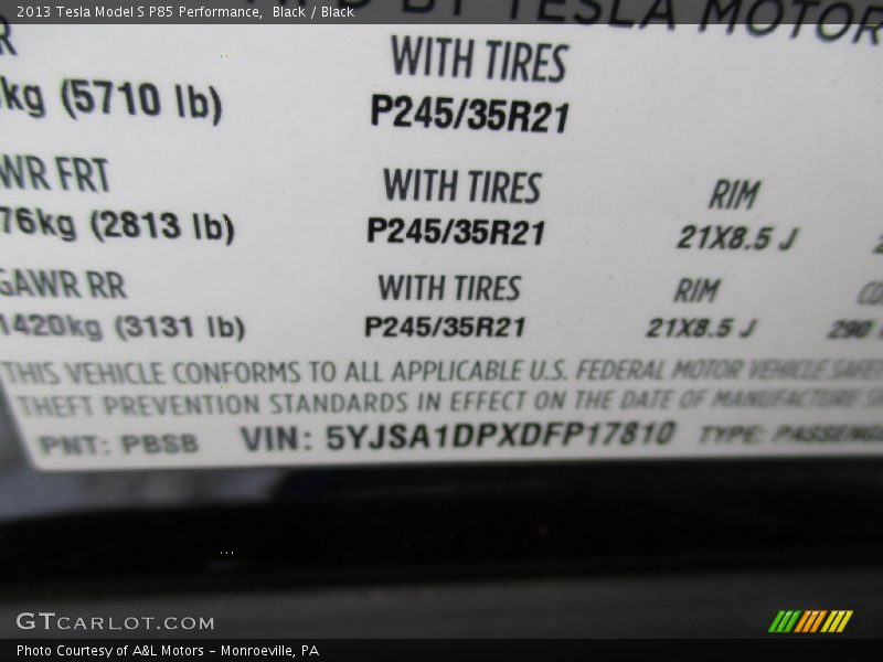 Info Tag of 2013 Model S P85 Performance