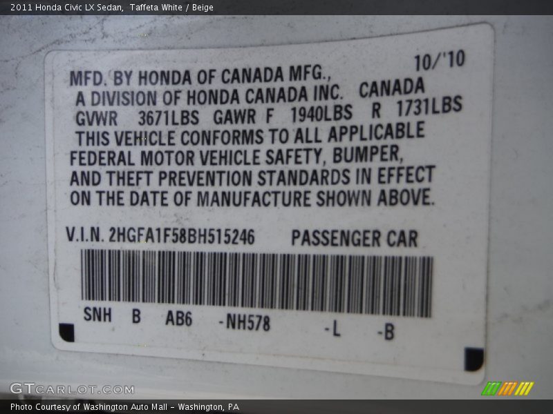 Taffeta White / Beige 2011 Honda Civic LX Sedan