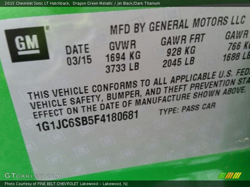 Dragon Green Metallic / Jet Black/Dark Titanium 2015 Chevrolet Sonic LT Hatchback