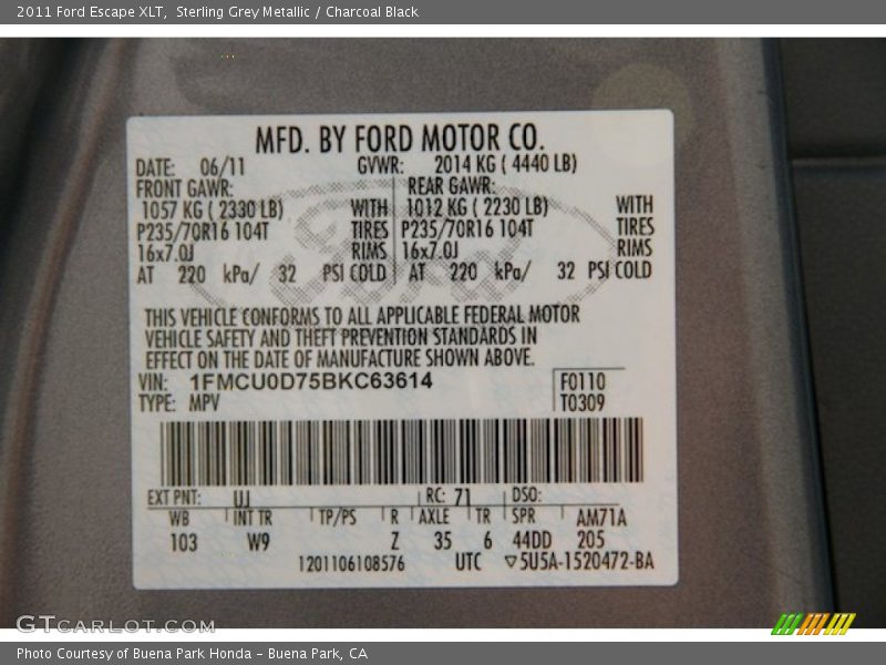 Sterling Grey Metallic / Charcoal Black 2011 Ford Escape XLT