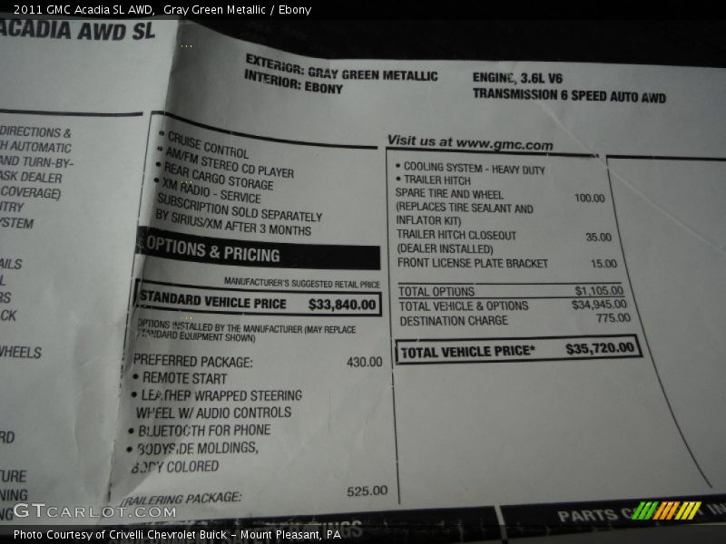 Gray Green Metallic / Ebony 2011 GMC Acadia SL AWD