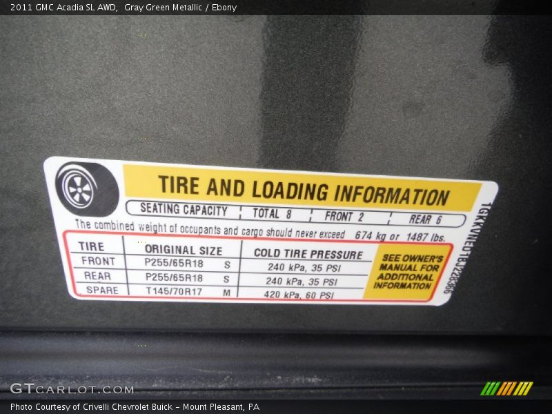 Gray Green Metallic / Ebony 2011 GMC Acadia SL AWD