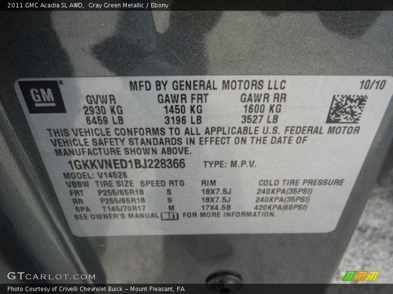 Gray Green Metallic / Ebony 2011 GMC Acadia SL AWD
